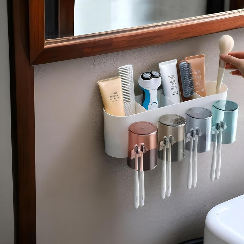 Wall Mounted Toothbrush Holder with 4 Cartoon Cups & 8 Slots – No-Drill Adhesive Organizer