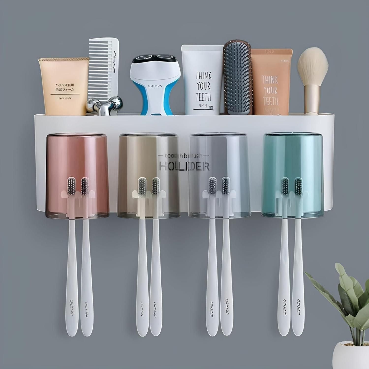 Wall Mounted Toothbrush Holder with 4 Cartoon Cups & 8 Slots – No-Drill Adhesive Organizer