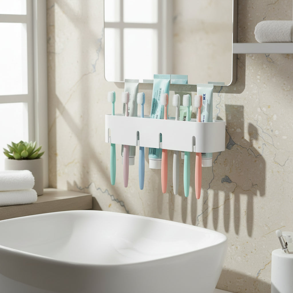 Wall Mounted Toothbrush Holder with 4 Cartoon Cups & 8 Slots – No-Drill Adhesive Organizer