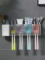 Wall Mounted Toothbrush Holder with 4 Cartoon Cups & 8 Slots – No-Drill Adhesive Organizer